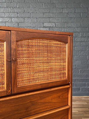 Mid-Century Modern “Rhythm” Walnut & Cane Highboy Dresser by Lane, c.1960’s