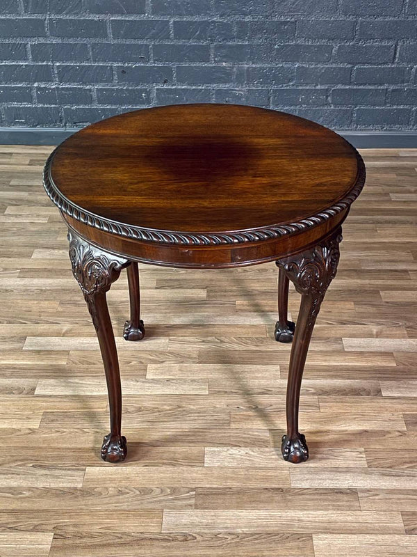 English Chippendale Style Mahogany Round Side Table w/ Ball & Claw Feet, c.1920’s