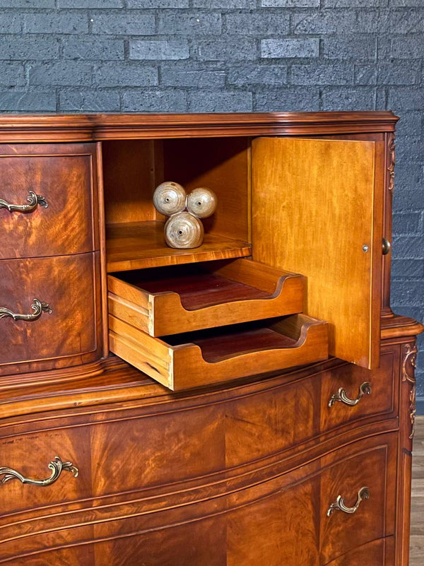 French Provincial Style Flame Mahognay Highboy Dresser w/ Serpentine Front, c.1940’s
