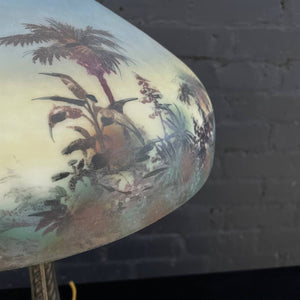 Antique Bronze Table Lamp & Original Painted Glass  Shade, c.1930’s