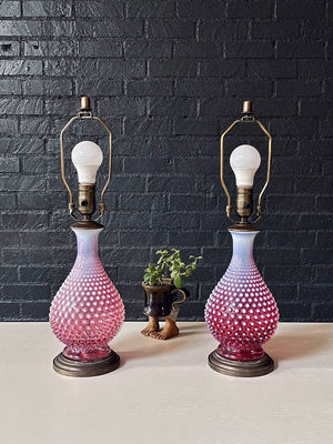 Pair of Mid-Century Pink Murano Hobnail Glass Table Lamps by Fenton, c.1960’s