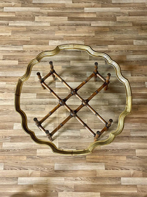 Mid-Century Brass Scalloped Glass Coffee Table w/ Faux Bamboo Base by Baker, c.1970’s