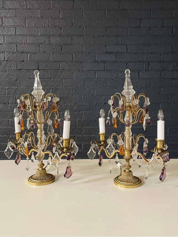 Pair of Antique French Crystal Girandoles Lamps, c.1920’s