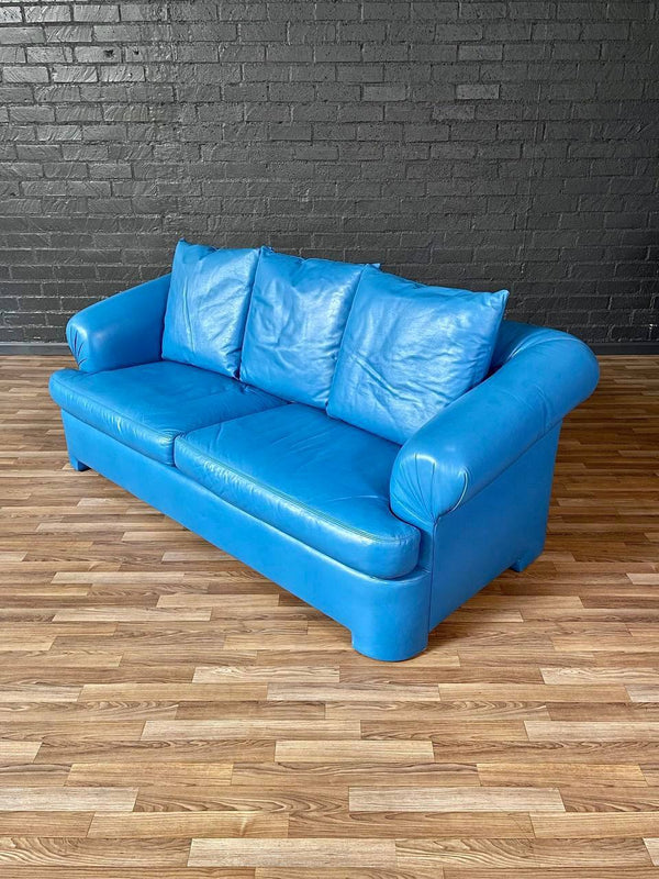 Vintage Post Modern Blue Leather Sofa, c.1980’s