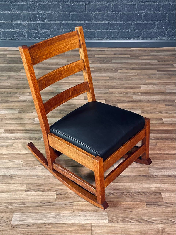 Arts & Craft Mission Tiger Oak & Leather Rocking Chair by Stickley, c.1910’s