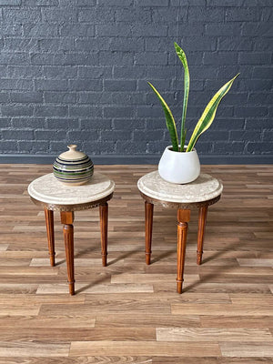 Pair of Antique French Louis XVI Style Marble-Top Side Tables w/ Brass Gallery, c.1930s