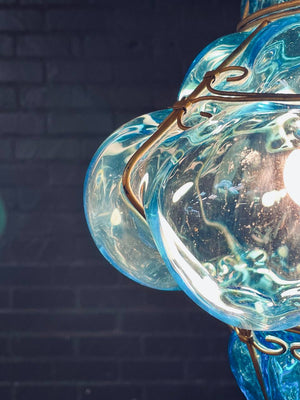 Pair of Vintage Turquoise Bubble Glass & Gilt-Metal Pendant Lantern Lights, c.1960’s