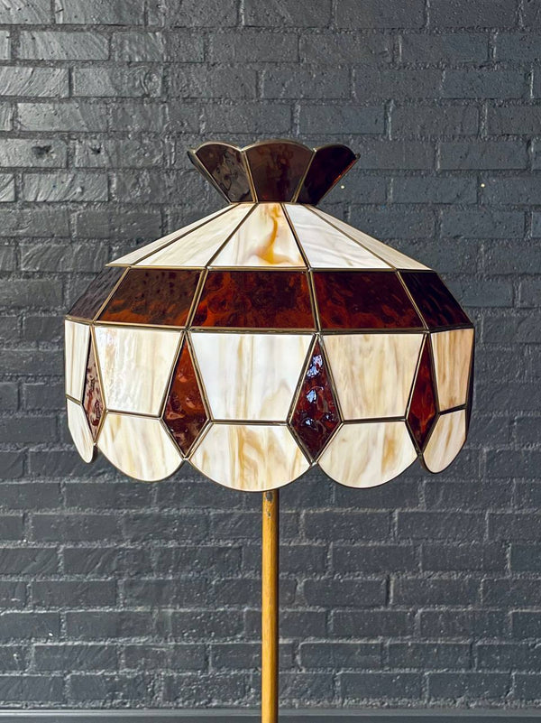 Tiffany Style Art Nouveau Style Floor Lamp w/ Slag Amber & Cream Glass Shade, c.1940’s