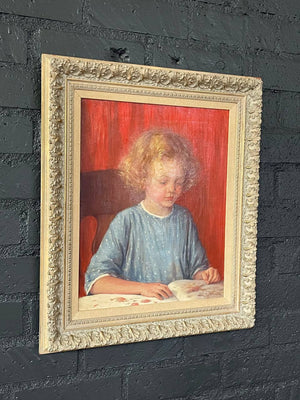 Antique California Portrait Oil Painting of Reading Girl by Wanda Neumann, c.1920’s