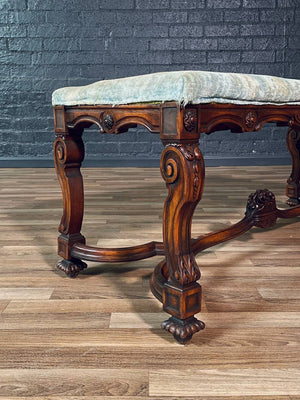 Antique Ornately Carved Italian Baroque Style Walnut Bench w/ Claw Feet, c.1920’s