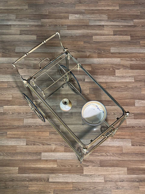 Vintage French Hollywood Regency Brass Service Cart w/ Bottle Holder, c.1960’s