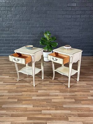 Pair of Vintage French Provincial Style Night Stands in Distressed Cream w/ Gold Trim, c.1960’s