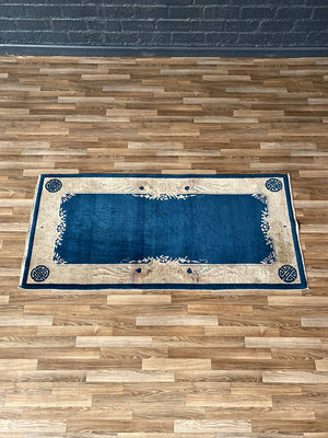 Antique Chinese Art Deco Rug w/ Blue Field & Cream Border, c.1920’s