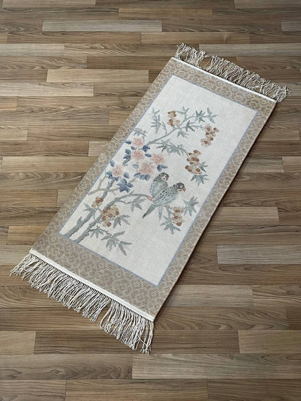 Vintage Silk Rug Tapestry With Birds Motif