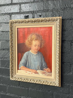 Antique California Portrait Oil Painting of Reading Girl by Wanda Neumann, c.1920’s