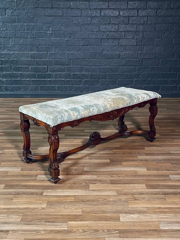 Antique Ornately Carved Italian Baroque Style Walnut Bench w/ Claw Feet, c.1920’s