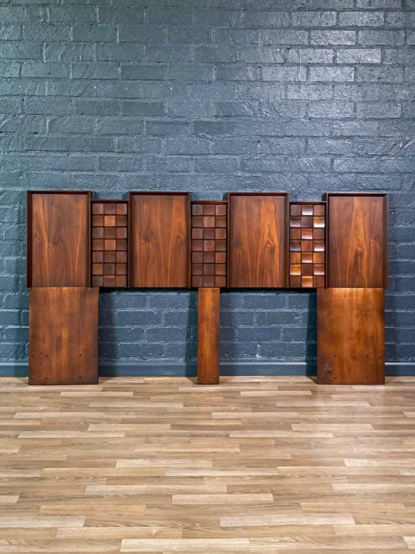 King Size Mid-Century Modern Brutalist Walnut Headboard, c.1970’s
