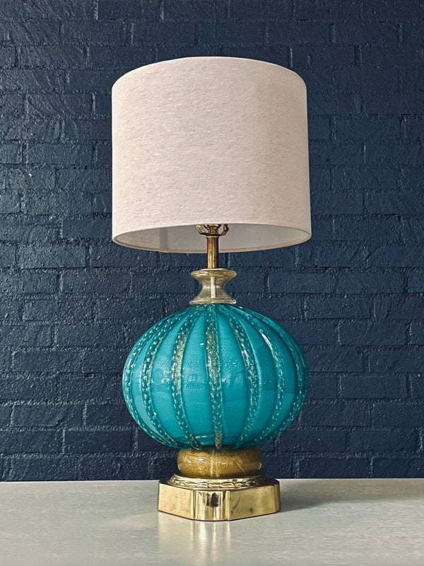 Hollywood Regency Italian Murano Glass & Brass Table Lamp in Turquoise Bullicante, c.1960’s