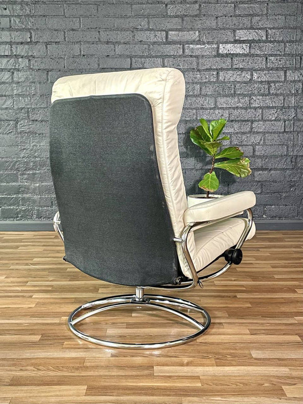 Ekornes Stressless Beige Leather & Chrome Reclining Swivel Lounge Chair w/ Ottoman, c.1970’s