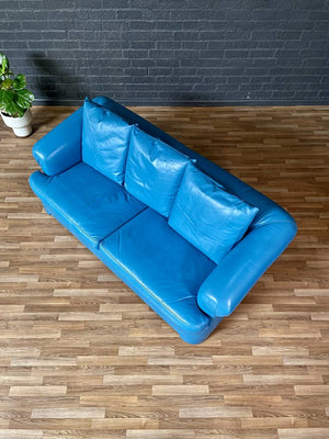 Vintage Post Modern Blue Leather Sofa, c.1980’s