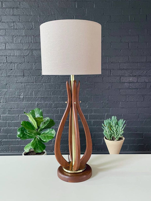 Mid-Century Modern Sculpted Walnut Table Lamp w/ Brass Accents, c.1960’s