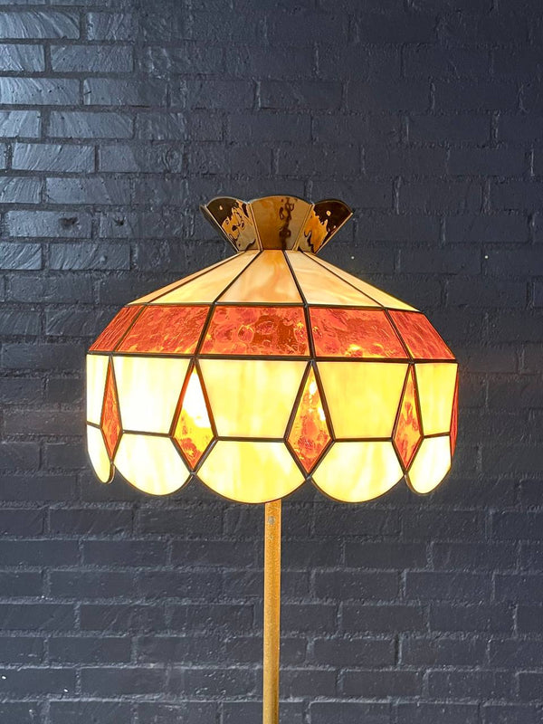 Tiffany Style Art Nouveau Style Floor Lamp w/ Slag Amber & Cream Glass Shade, c.1940’s