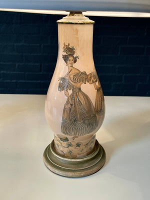 Pair of Vintage Hollywood Regency Ceramic Table Lamps w/ Rococo Fashion Illustrations, c.1950s