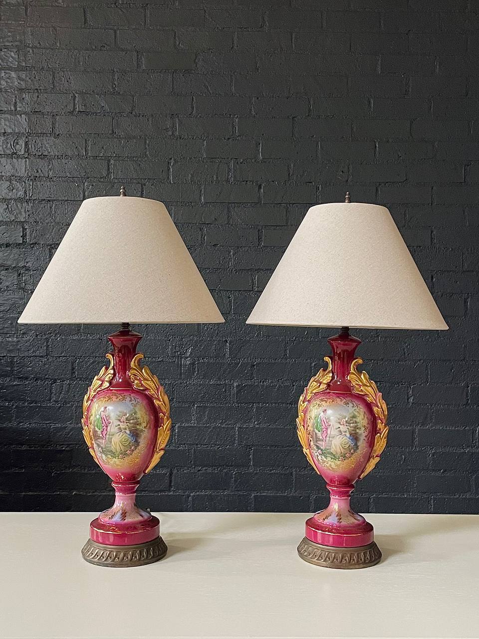 Pair of French Porcelain Urn Shape Table Lamps c.1950 s Vintage Supply