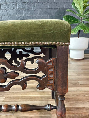 Spanish Revival Carved Wood & Velvet Stool w/ Nailhead Trim, 1940’s