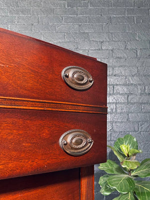 Vintage Federal Revival Mahogany Highboy Dresser w/ Brass Pulls, c.1950s