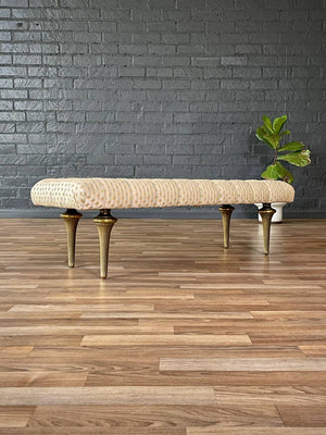 Mid-Century Hollywood Regency Tufted Bench w/ Brass Fluted Legs, c.1960s