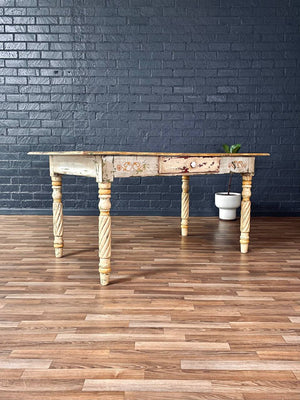American Farmhouse Painted Oak Harvest Dining Table, Distressed Finish, 1940’s