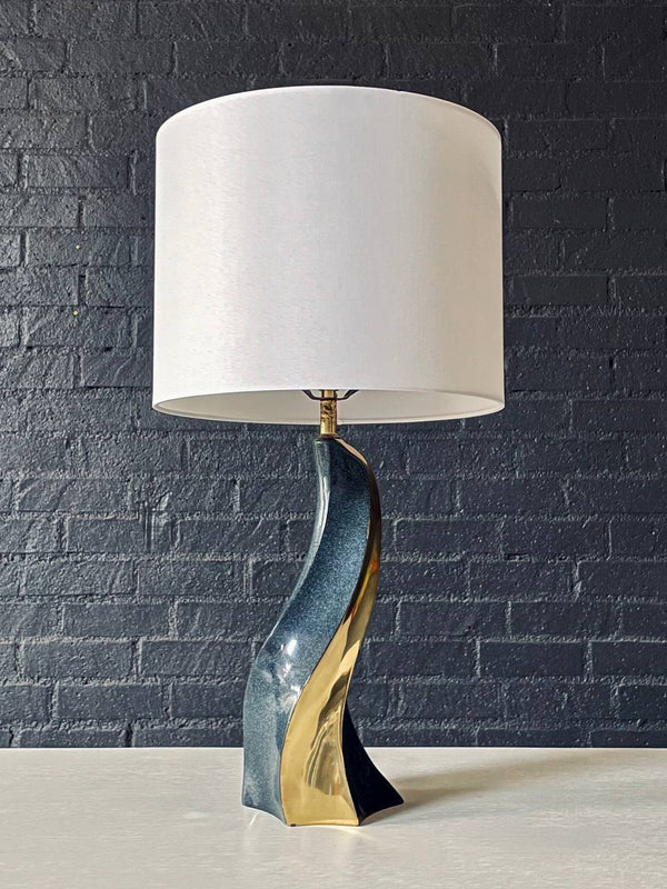 Mid-Century Sculptural Spiral Glazed & Polished Brass Table Lamp, c.1970’s