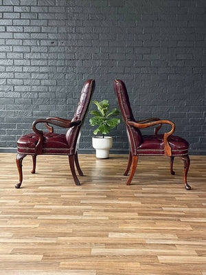 Pair of English Chippendale Style Button Tufted Leather Arm Chairs, c.1960’s