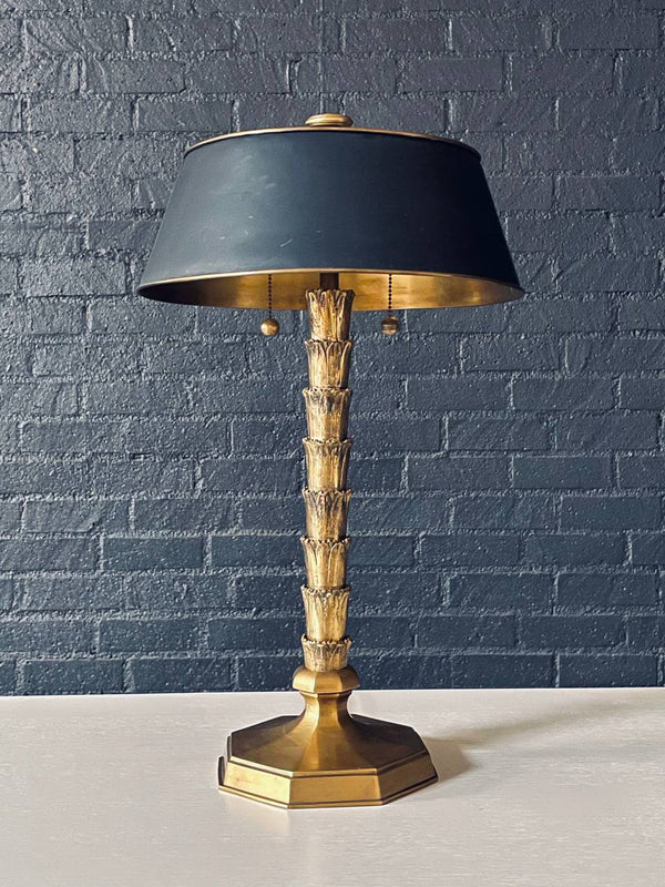 Hollywood Regency Brass “As You Like It” Stacked Leaf Table Lamp w/ Black Metal Shade, c.1970’s