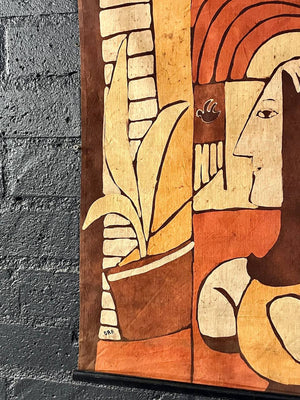Mid-Century Modern  Abstract Figural Textile Wall Hanging Signed ORA, c.1960's