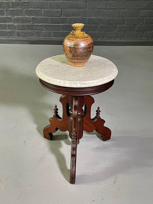 Antique Victorian Eastlake Walnut & White Marble Parlor Table, c.1900's