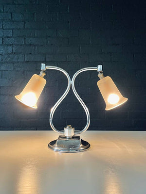 Art Deco Chrome Twin Arm Desk Lamp w/ Frosted Glass Shades, c.1930’s