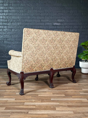 Antique Chippendale Revival Carved Mahogany Loveseat w/ Ball & Claw Feet, c.1930s