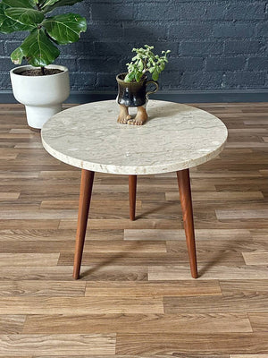 Mid-Century Modern Walnut Tripod Side Table w/ Crema Marfil Marble,c.1960’s
