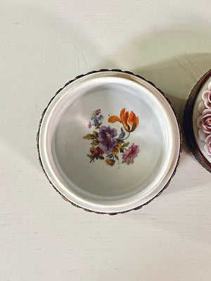 Antique German Elfinware Porcelain Roses Trinket Box w/ Brass Accents, c.1960’s