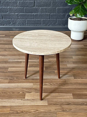Mid-Century Modern Walnut Tripod Side Table w/ Travertine Marble Stone,c.1960’s