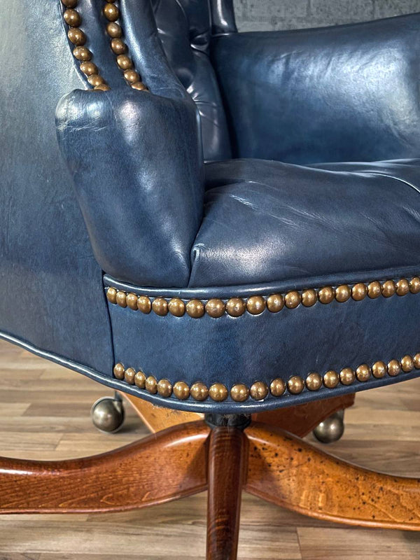 Vintage Wingback English Chesterfield Style Blue Leather Office Chair, c.1960’s