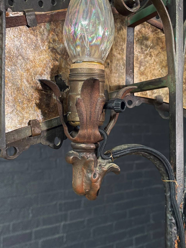 Early 20th Century Spanish Revival Floor Lamp w/ Amber Mica Panels & Cast Iron Details