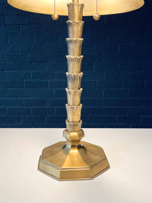 Hollywood Regency Brass “As You Like It” Stacked Leaf Table Lamp w/ Black Metal Shade, c.1970’s
