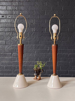 Pair of Mid-Century Modern Tapered Ceramic & Walnut Table Lamps, c.1960’s