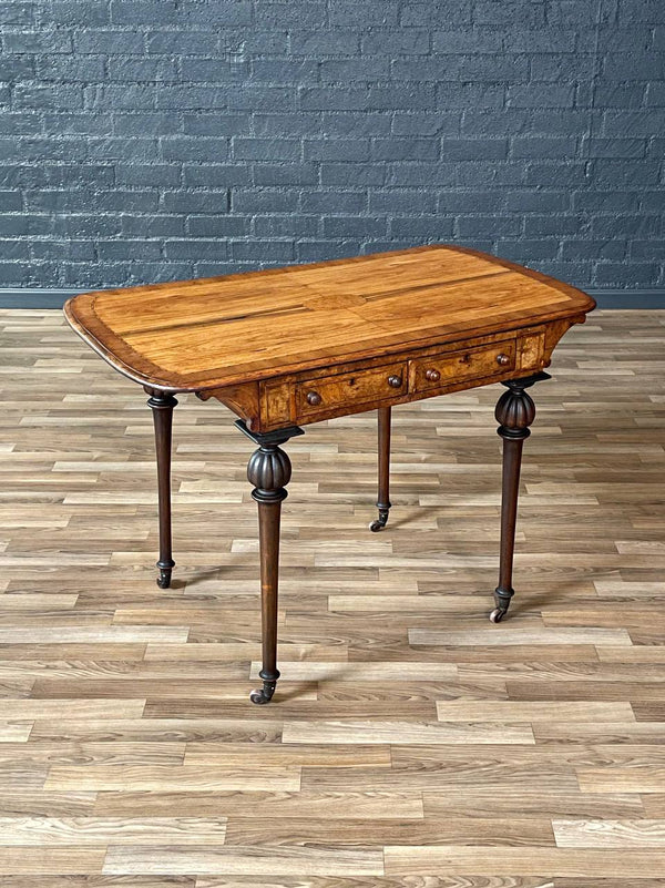 Antique Rosewood & Burl Wood Writing Desk / Entry Table w/ Turned Legs & Inlay, 1900’s
