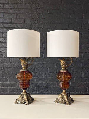 Pair of Hollywood Regency Lamps w/ Hobnail Amber Glass, c.1960’s