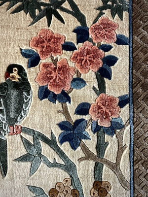 Vintage Silk Rug Tapestry With Birds Motif