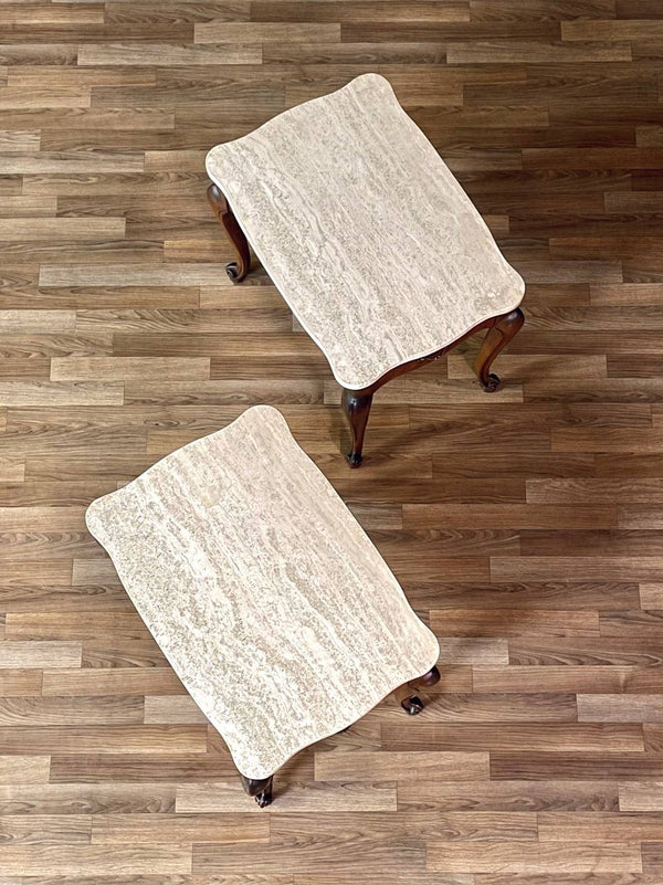 Pair of French Provincial Style Side Tables w/ Travertine Tops by Crown City Table Co., c.1960’s